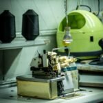 Close-up of an industrial sewing machine in a workshop setting.